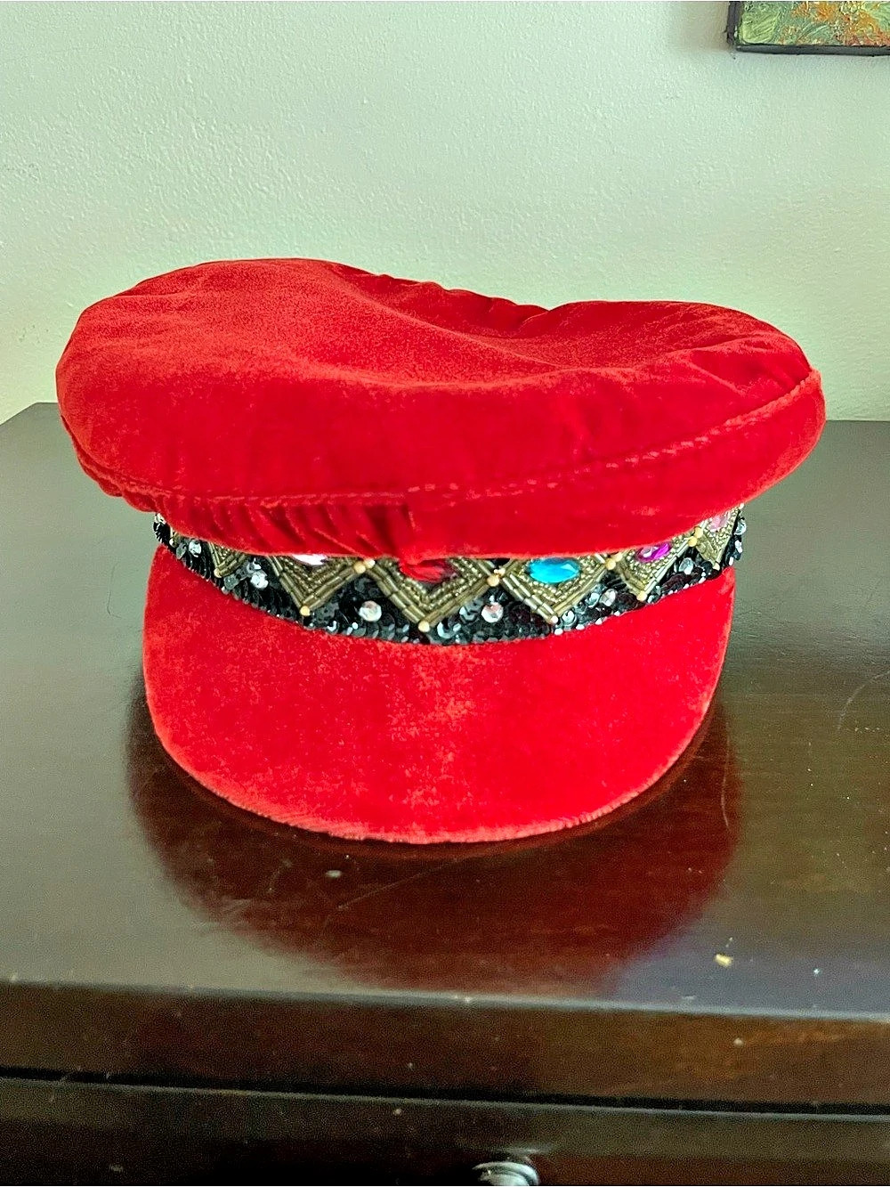Red & Black Velvet Embellished Newsboy Hat